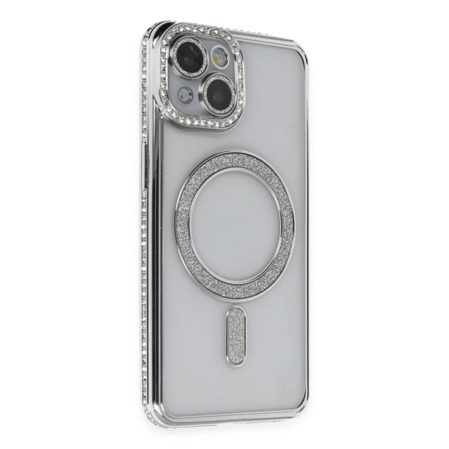 İphone 13 Kılıf Joke Simli Magneticsafe Kılıf - Gümüş