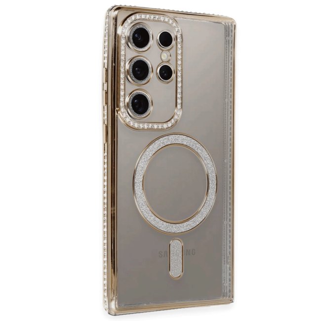 Samsung Galaxy S24 Ultra Kılıf Joke Simli Magneticsafe Kılıf - Gold