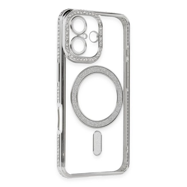 İphone 16 Kılıf Joke Simli Magneticsafe Kılıf - Gümüş