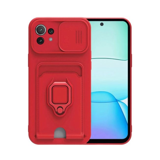 Xiaomi Mi 11 Lite Kılıf Zuma Kartvizitli Yüzüklü Silikon - Kırmızı
