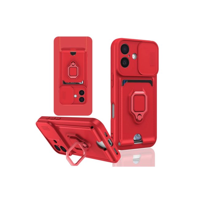 İphone 16 Kılıf Zuma Kartvizitli Yüzüklü Silikon - Kırmızı