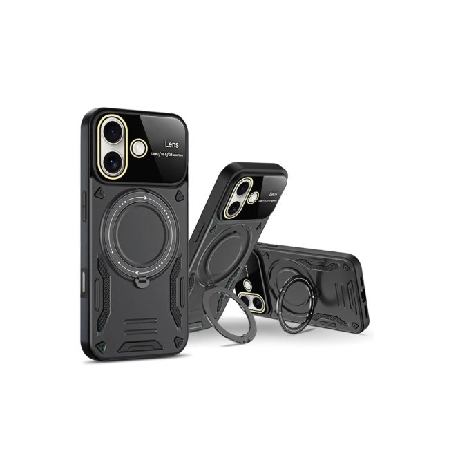 İphone 16 Kılıf Joy Lens Standlı Kapak - Siyah
