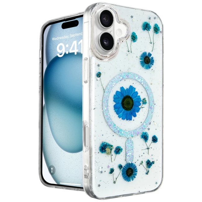 İphone 16 Kılıf Daisy Simli Magsafe Kapak - Mavi