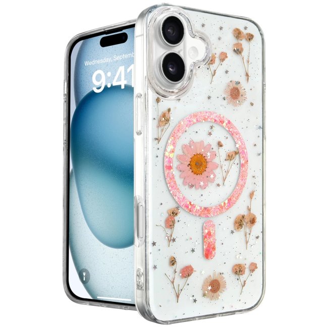 İphone 16 Kılıf Daisy Simli Magsafe Kapak - Pembe