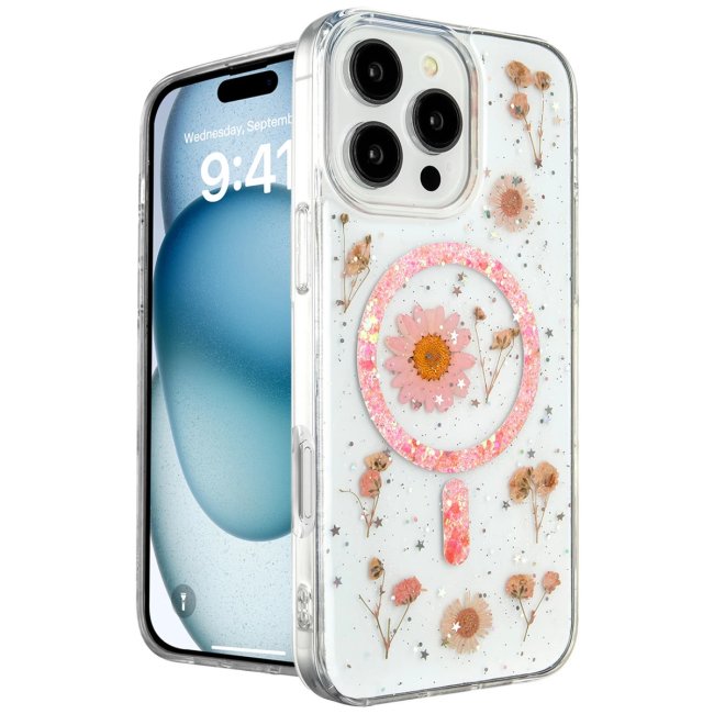 İphone 16 Pro Max Kılıf Daisy Simli Magsafe Kapak - Pembe