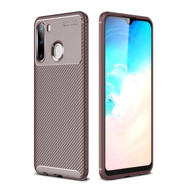 Samsung Galaxy A21 Kılıf Auto Focus Karbon Kapak - Kahverengi