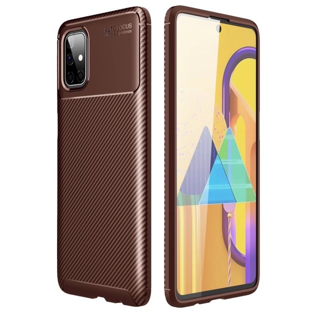 Samsung Galaxy M51 Kılıf Auto Focus Karbon Kapak - Kahverengi