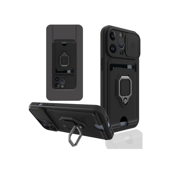 İphone 13 Pro Kılıf Zuma Kartvizitli Yüzüklü Silikon - Siyah